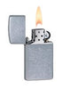Briquet Zippo Slim Street Chrome, ouvert avec flamme