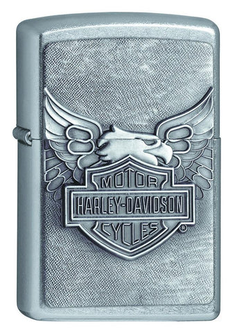 Vue de face 3/4 briquet Zippo chromé emblème aigle et logo Harley Davidson