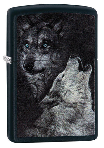 Vue de face 3/4 briquet Zippo noir avec deux loups dont un hurlant