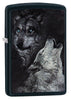 Vue de face 3/4 briquet Zippo noir avec deux loups dont un hurlant