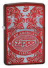Briquet Zippo rouge vue de face trois quart angle entouré d’un motif en filigrane gravé au laser qui montre le logo de Zippo et de "an american classic".