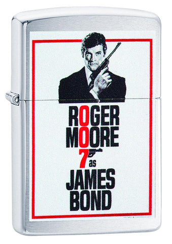 Vue de face 3/4 briquet Zippo James Bond avec Roger Moore en James Bond