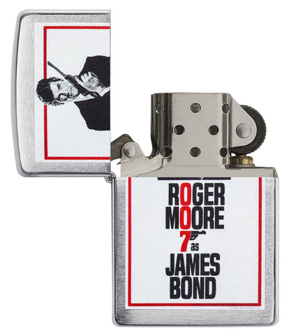 Briquet Zippo James Bond avec Roger Moore en James Bond, ouvert