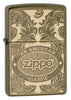 Briquet Zippo vue de face trois quart angle  entouré d’un motif en filigrane gravé au laser qui montre le logo de Zippo et de "an american classic".