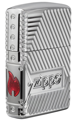 Vue de face 3/4 briquet Zippo avec des lignes profondéMen,t gravées et logo Zippo