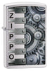 Briquet Zippo trois quart angle vue de face  illustration en couleur qui montre un horloge a engrenages mobiles en métal avec le logo de zippo dans l'autre côté du briquet.