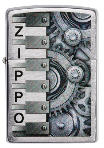 Briquet Zippo  vue de face illustration en couleur qui montre un horloge a engrenages mobiles en métal avec le logo de zippo dans l'autre côté du briquet.