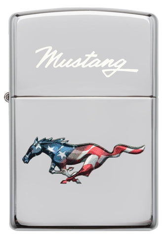 Vue de face briquet Zippo cheval Mustang chromé aux couleurs du drapeau américain