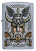 Vue de face briquet Zippo chromé Odin avec casque