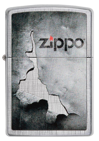 Vue de face briquet Zippo chromé logo Zippo sur métal écaillé