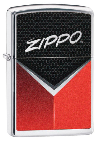 Vue de face 3/4 briquet Zippo chromé rétro logo Zippo