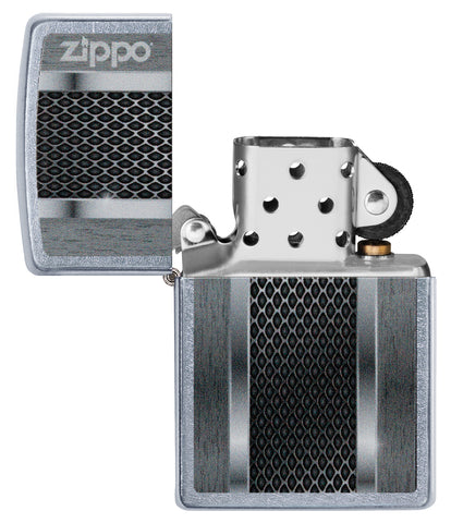 Briquet Zippo vue de face ouvert sans flamme avec une illustration en couleur métallisée qui montre un aspect inspire d'une machine moderne.