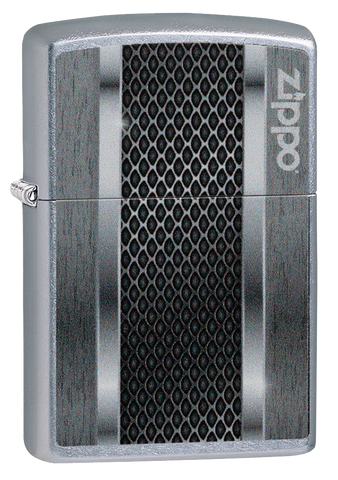 Briquet Zippo trois quart angle vue de face avec une illustration en couleur métallisée  qui montre un aspect inspire d'une machine moderne.