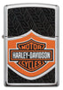 Vue de face briquet Zippo chromé avec logo Harley Davidson orange noir blanc