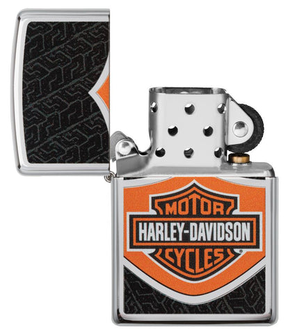 Briquet Zippo chromé avec logo Harley Davidson orange noir blanc, ouvert