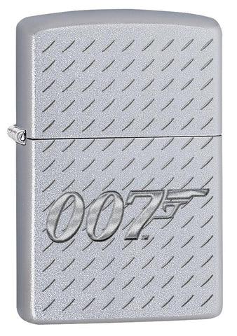 Vue de face 3/4 briquet Zippo James Bond chromé avec logo 007 