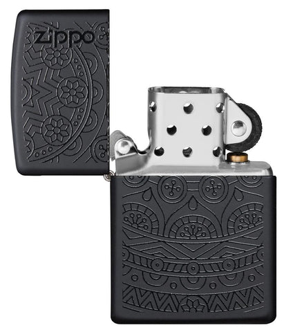  Briquet Zippo noir avec motif mandala, ouvert
