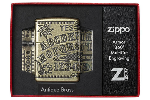 Briquet Zippo laiton antique gravure à 360° planche de Ouija, dans une boîte de luxe ouverte