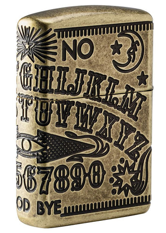 Vue de côté arrière briquet Zippo laiton antique gravure à 360° planche de Ouija