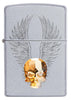 Vue de face briquet Zippo chromé tête de mort en éléMen,t Swarovski avec des ailes gravées