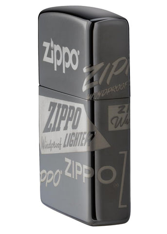 Vue de côté 3/4 briquet Zippo Black Ice avec différents logos Zippo
