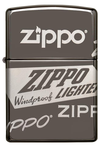 Vue de face briquet Zippo Black Ice avec différents logos Zippo