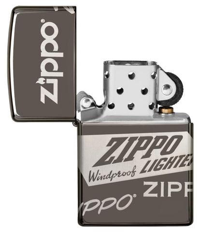 Vue de face briquet Zippo Black Ice avec différents logos Zippo, ouvert