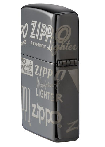 Vue de côté briquet Zippo Black Ice avec différents logos Zippo