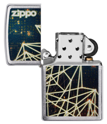 Briquet Zippo chromé logo Zippo et figure géométrique, ouvert