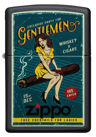Vue de face garantie Zippo publicité rétro femme assise sur un cigare