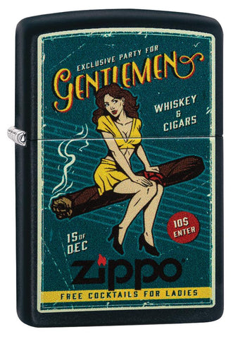 Vue de face 3/4 garantie Zippo publicité rétro femme assise sur un cigare