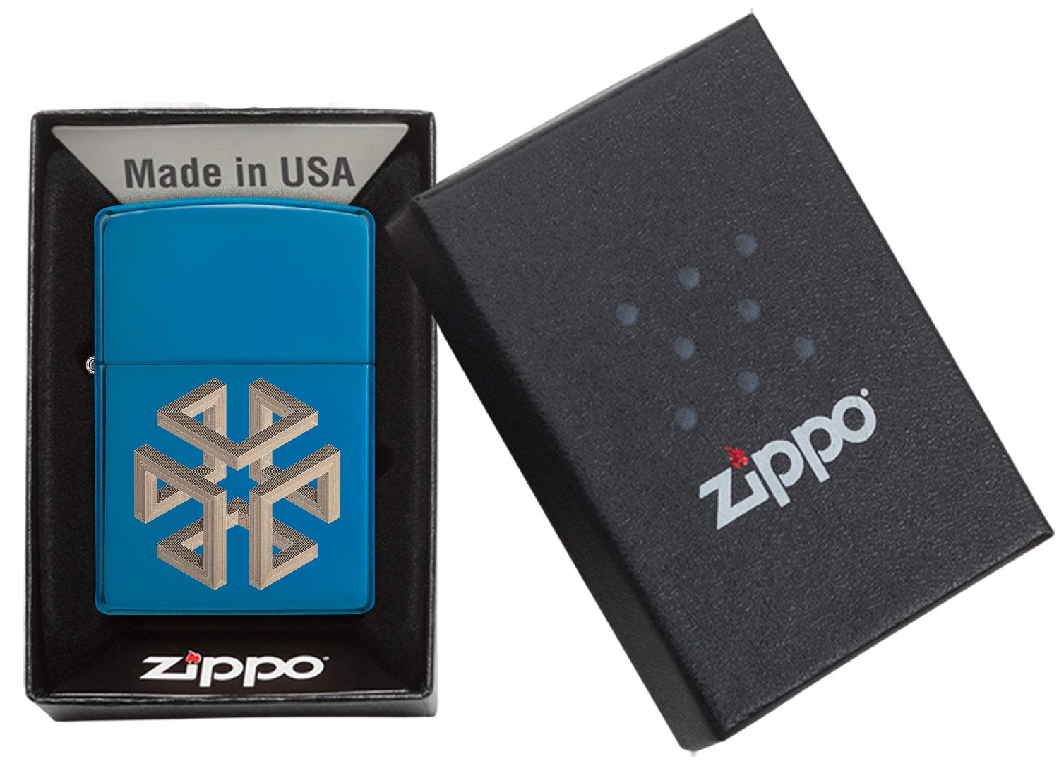 Briquet Zippo bleu haute brillance carré illusion d'optique, dans une boîte ouverte