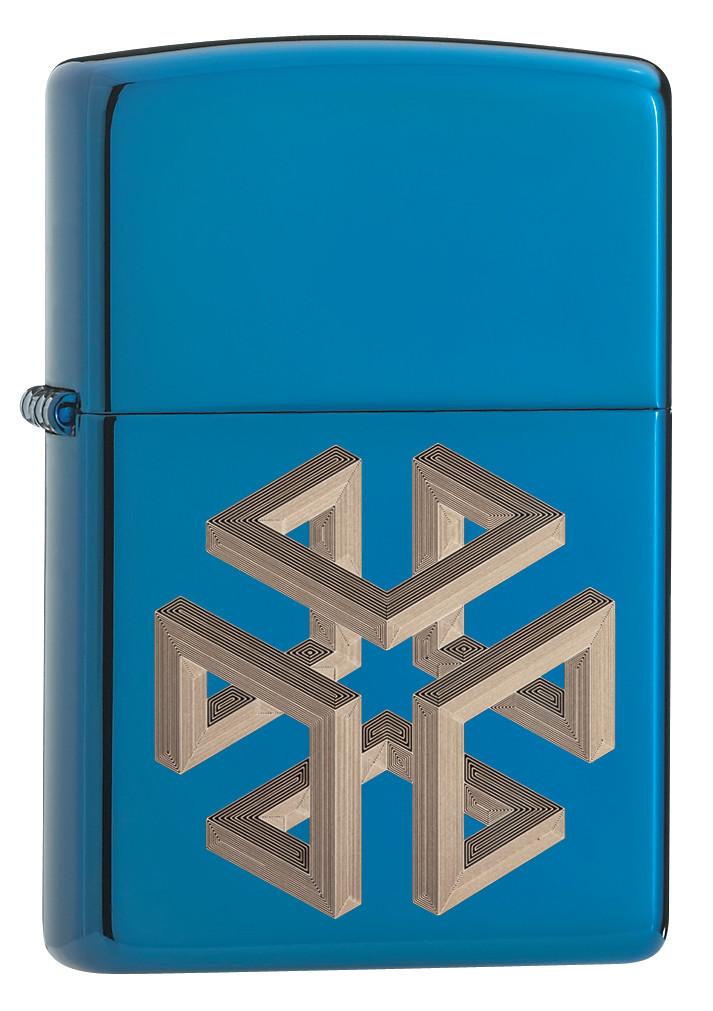 Vue de face 3/4 briquet Zippo bleu haute brillance carré illusion d'optique
