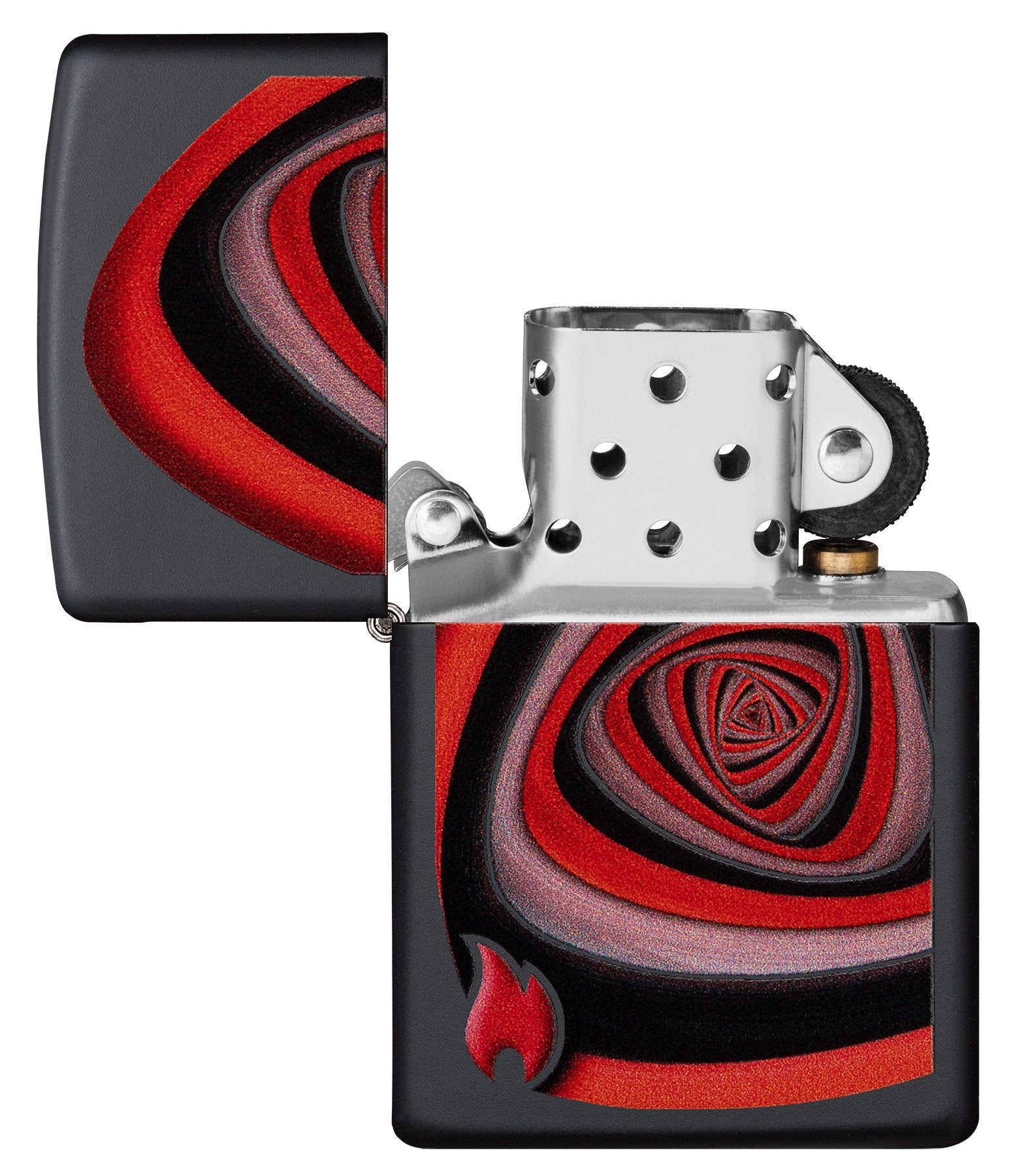 Briquet Zippo tourbillon noir rouge noir, ouvert