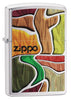 Vue de face 3/4 briquet Zippo motif bois multicolore avec logo Zippo