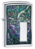 Vue de face 3/4 briquet Zippo motif floral violet vert