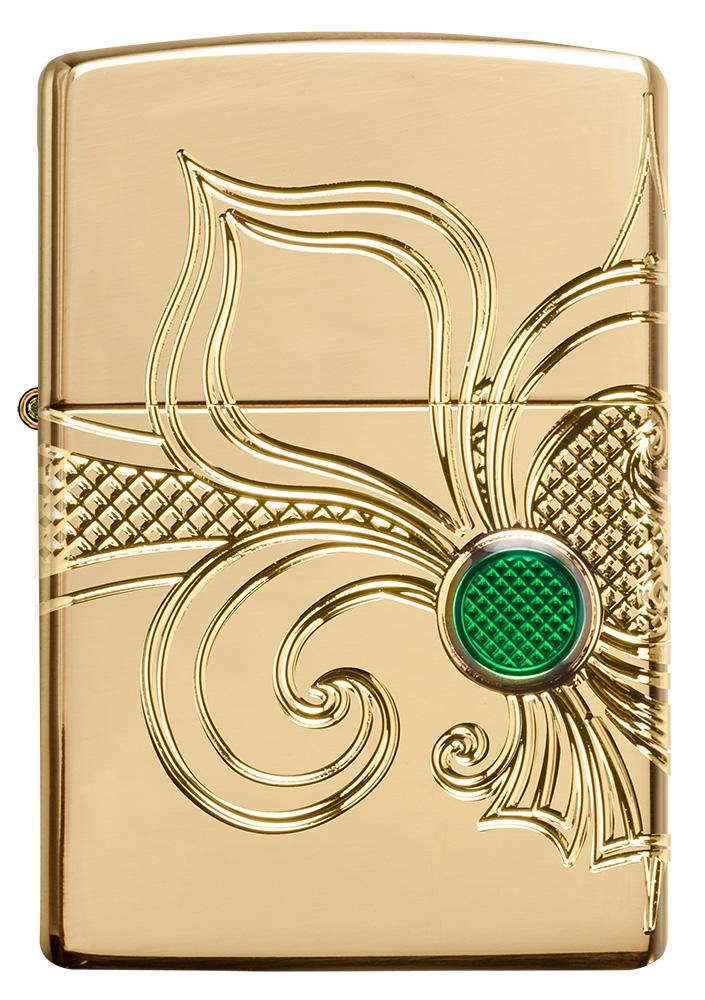 Vue de face briquet Zippo laiton haute brillance gravure profonde fleur de lis