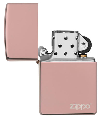 Briquet Zippo or rose brillant avec logo Zippo, ouvert