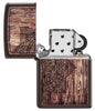 Briquet Zippo motif mandala marron clair sur arrière-plan en bois, ouvert