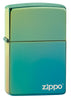 Vue de face 3/4 briquet Zippo vert bleu haute brillance avec logo Zippo