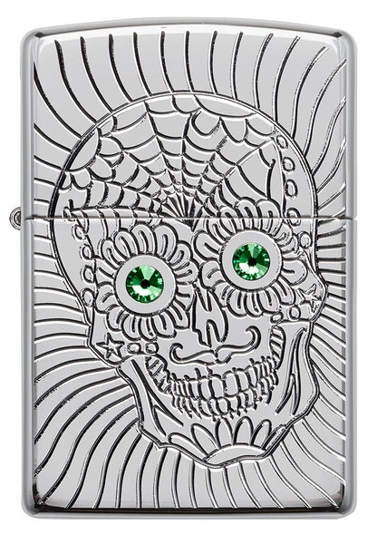 Vue de face briquet Zippo avec gravure profonde tête de mort et yeux en éléMen,ts Swarovski