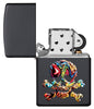 Briquet Zippo noir mat avec tête de mort multicolore, ouvert