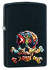 Vue de face 3/4 briquet Zippo noir mat avec tête de mort multicolore