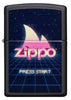 Vue de face briquet Zippo noir avec logo Zippo et flamme dans un style gaming rétro