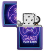 Briquet Zippo violet avec manette et lettrage Play & Win, ouvert