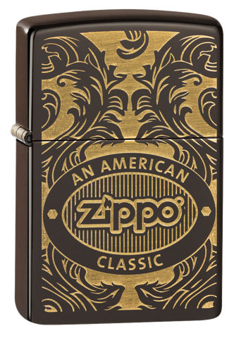Briquet Zippo vue de face trois quart angle entouré d’un motif en filigrane gravé au laser qui montre le logo de Zippo et de "an american classic".