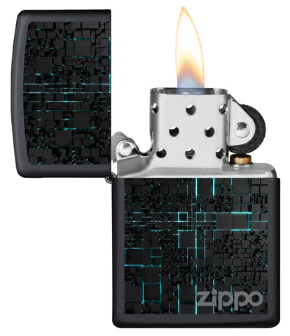 Vue de face du briquet tempête Zippo Blue Neon Design ouvert, avec flamme
