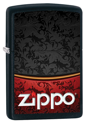 Vue de trois quarts du briquet tempête Zippo Red Black Design