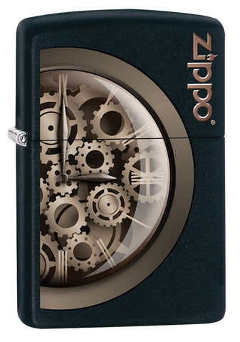 Briquet Zippo trois quart angle vue de face illustration en couleur qui montre un horloge a engrenages mobiles en métal  