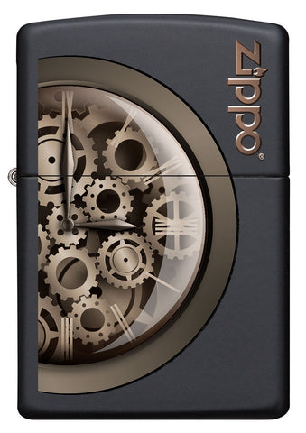 Briquet Zippo vue de face illustration en couleur qui montre un horloge a engrenages mobiles en métal